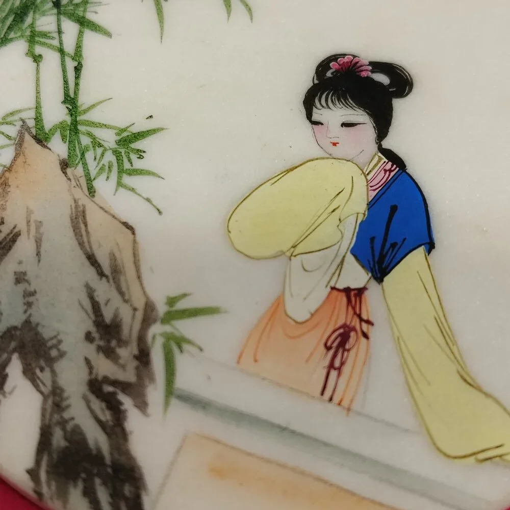 Collectible Japanese Marble Painting Small Round Geisha Girl Mountainous Scene